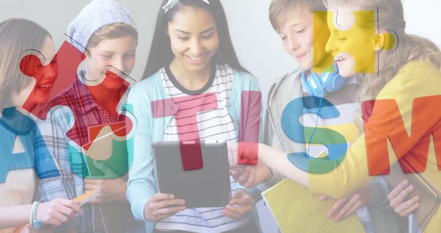 Composite of autism text with colourful puzzles over diverse people using tablet - Download Free Stock Photos Pikwizard.com