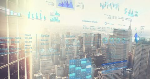 Digital Financial Data Overlay on Cityscape Emphasizing Global Business Trends - Download Free Stock Images Pikwizard.com