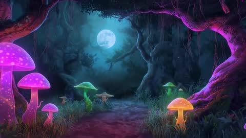 Magical Mushrooms Glow in Enchanted Forest Path at Night
