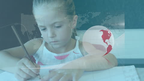 Girl Studying with World Map Animation Overlay for Education Concept
