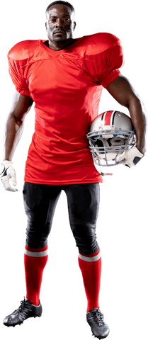 African american football player in transparent uniform holding helmet
