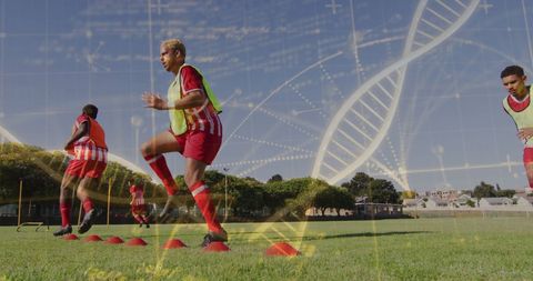 Soccer training with dna helix overlay illustrating genetics in sports