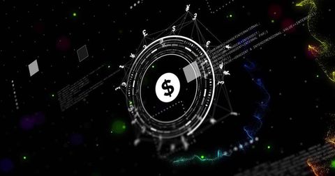 Rotating Digital Finance HUD with Dollar Core, Currency Nodes and Blockchain Data Visualization