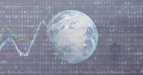 Visualizing Global Data Flow — Earth Floating with Binary Code, Line Graphs and Cityscape