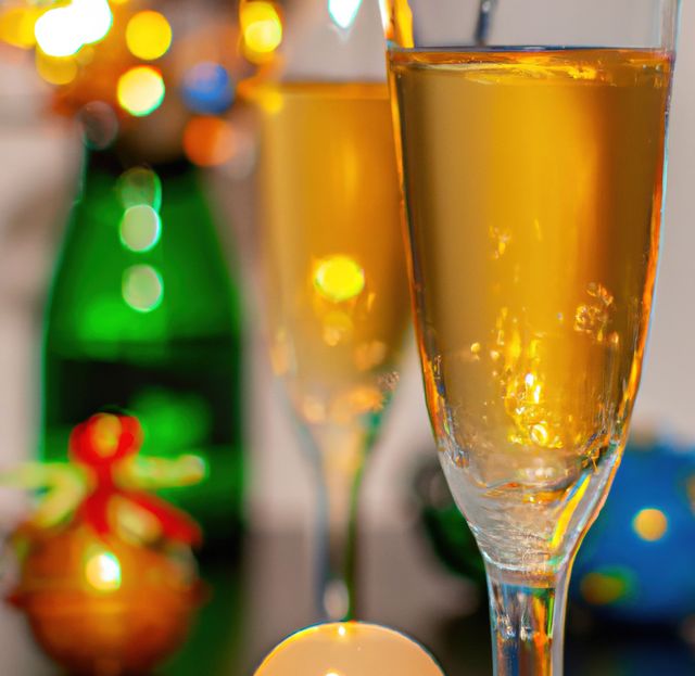 Close up of glasses and christmas decorations on blurred background. Christmas, tradition and celebration concept.