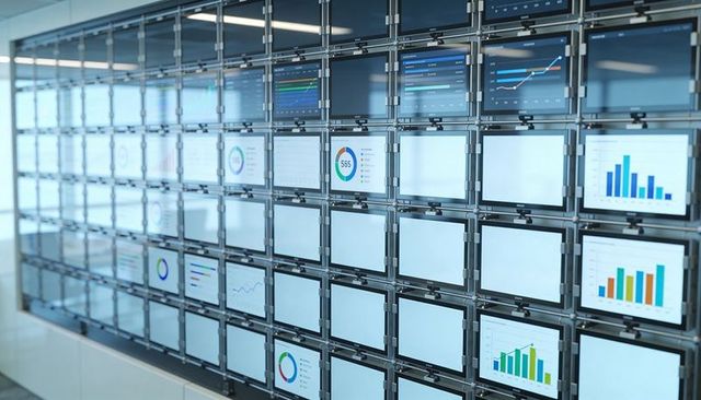 Displaying tiled analytics video wall showing dashboards kpi charts for control center