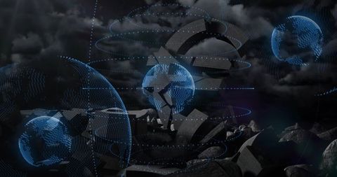 Holographic Blue Globes Hovering Over Ruined Stone Torus With Spiraling Digital Rings