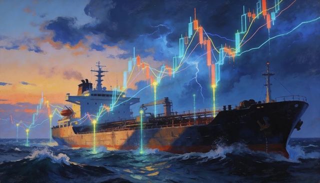 Tanker navigating stormy seas at dusk with neon candlestick financial charts overlay