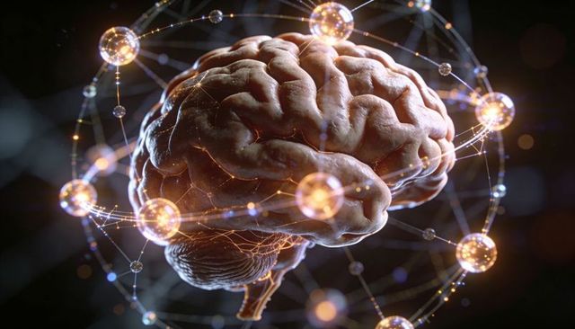 Glowing human brain with orbiting neural nodes and filament network representing cognition