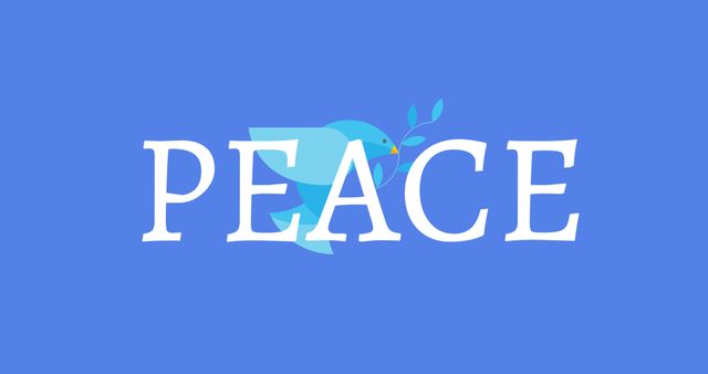 Illustration of peace text with bird carrying twig on blue background, copy space. Vector, international day of peace, avoid war and violence, celebration, hope, spread kindness, support.