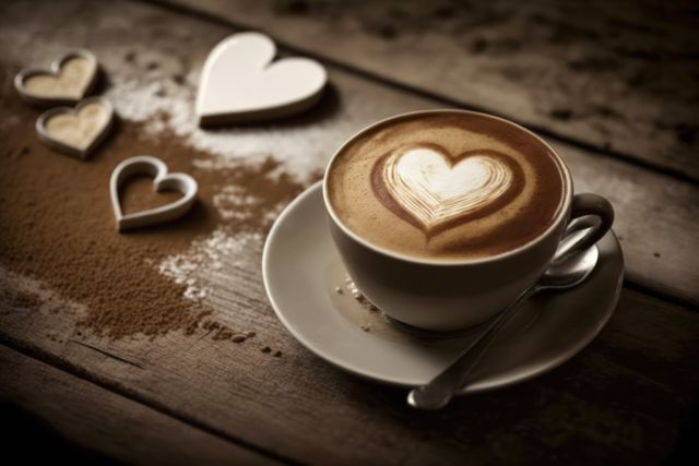 Cup of coffee latte with heart pattern and spoon, created using generative ai technology. Coffee, caffeine and drink concept digitally generated image.