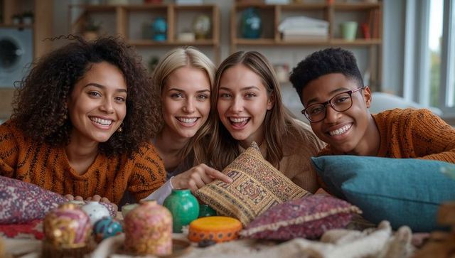 Cozy friends lounge on couch wearing autumn knits with textured pillows and ceramics decor