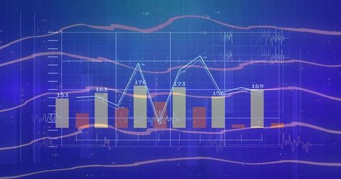 Bar-and-line analytics dashboard showing beige bars and blue trend line on violet gradient