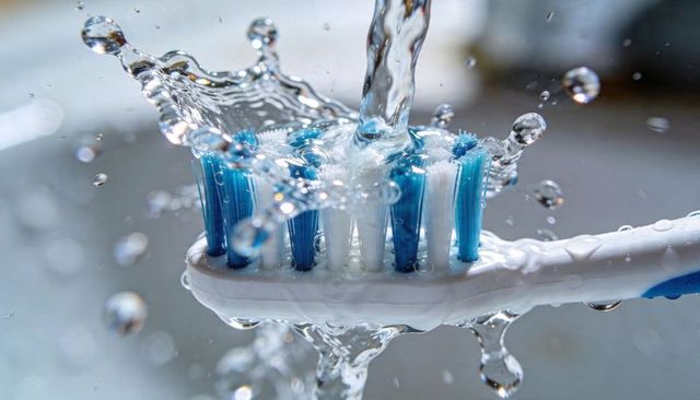 Toothbrush rinsing under flowing water splashing on blue bristles macro closeup