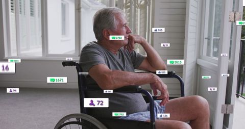 Elderly man in wheelchair surrounded by social media icons