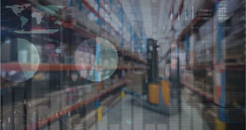 Digital Financial Graphs Overlay on Warehouse Background