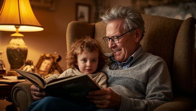 Grandfather reading bedtime story to grandchild in cozy armchair with warm lamp light