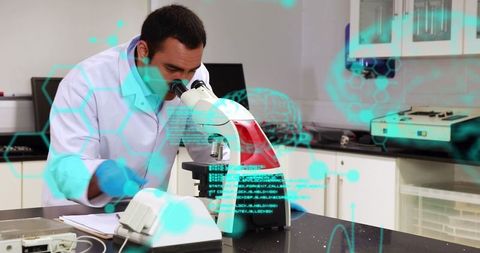 Scientist Analyzing Samples Using Microscope with Floating Data Visualization - Download Free Stock Images Pikwizard.com