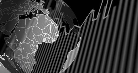 Spinning globe with digital graph lines signifying global trends