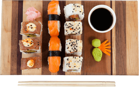 transparent wooden board with assorted sushi and dipping sauce - Download Free Stock Videos Pikwizard.com