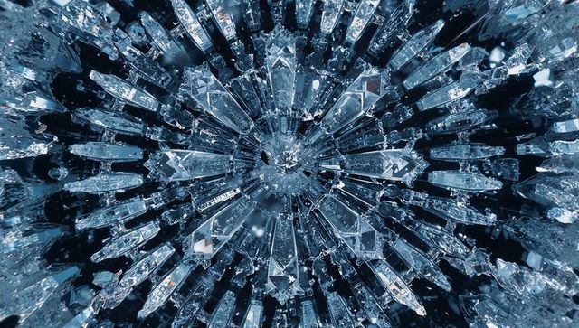 Blue radiant crystal starburst, macro prism facets and shattered core details