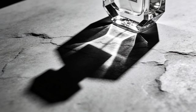 Faceted glass perfume bottle casting dramatic shadow on marble minimalist monochrome