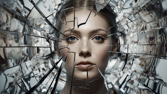 Surreal shattered glass portrait featuring female face framed by circular mirror shards