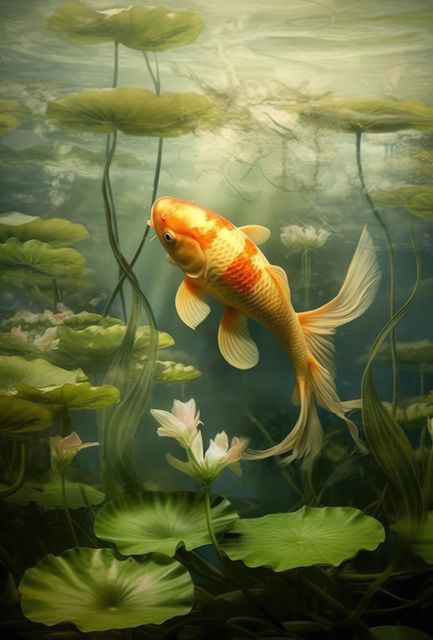 Colorful koi fish swimming gracefully among lily pads in a tranquil pond, evoking calmness and serenity. Perfect for use in zen garden themes, nature and aquatic life content, meditation visuals, and peaceful scene illustrations.