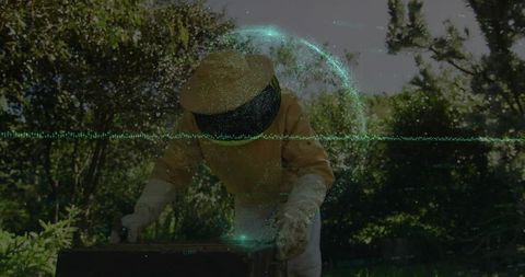 Beekeeper Tending Beehive with Digital Overlay in Lush Garden