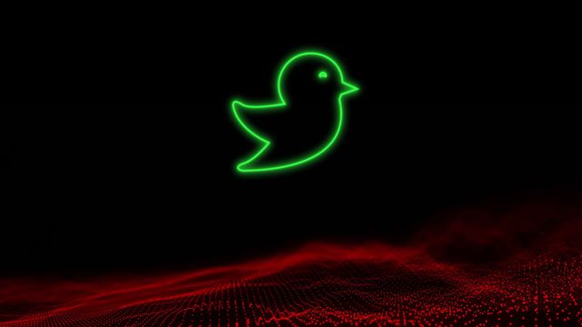 This illustration features a glowing green bird icon hovering above a dynamic red digital wave with a black background. It conveys themes of technology, social media, and modern communication. Perfect for use in technology-related content, social media campaigns, digital communications marketing, and futuristic designs.