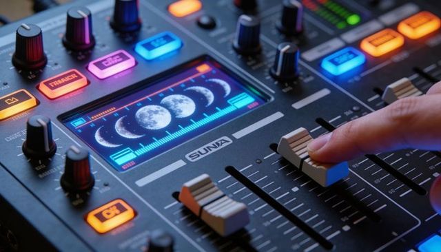 Finger adjusting led-lit audio mixer fader with moon phase waveform display