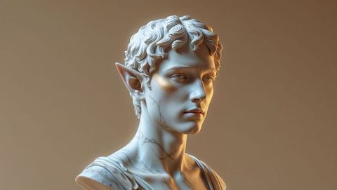 Mythical male bust sculpture with pointed ears in art studio
