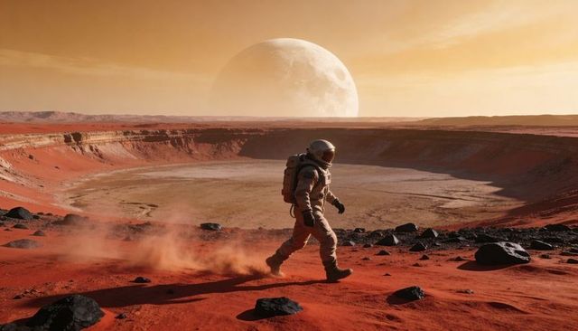 Astronaut walking across red martian crater at sunset with giant moon on horizon