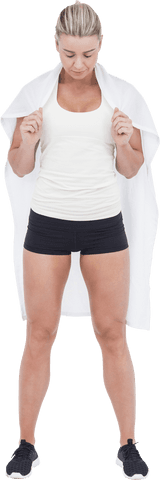 Woman in athletic wear with white towel on transparent background
