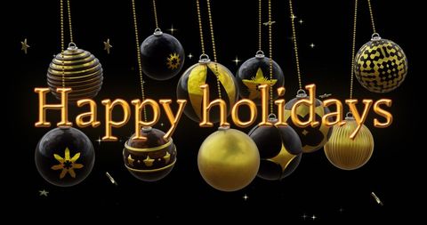 Happy Holidays Text with Black and Gold Christmas Ornaments on Black Background