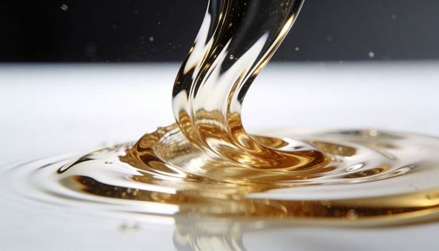 Golden syrup pouring macro close-up showing glossy viscous flow and spiral ripples