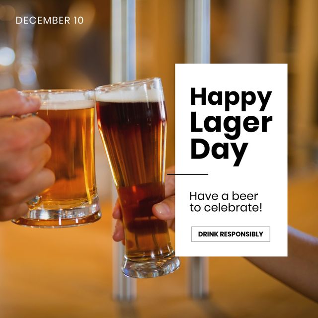 Cropped hands of caucasian friends toasting lager and december 10 with happy lager day text. Composite, togetherness, drink responsibly, leisure time, beer, alcohol and celebration concept.