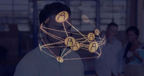 Man presenting holographic network visualization during collaborative office team meeting