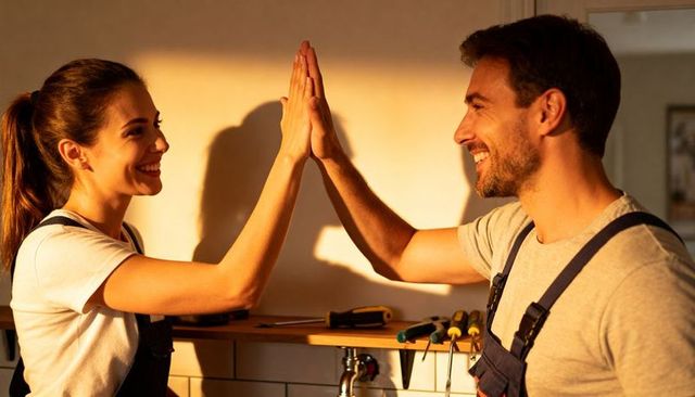 Couple high-fiving after diy kitchen repair celebrating teamwork and renovation