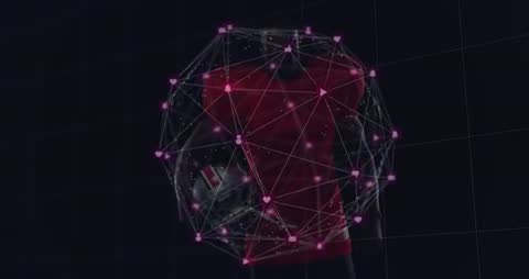 Athlete holding helmet with rotating holographic biometric network and neon grid scan