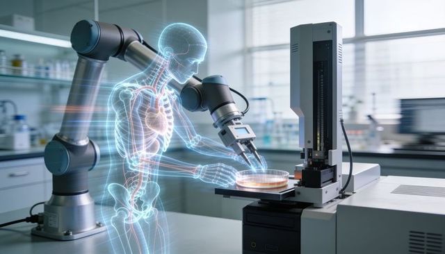 Holographic anatomical overlay guiding robot arm over petri dish in futuristic biotech lab
