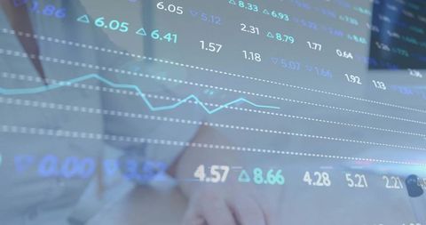 Mature woman analyzing financial data overlay with laptop at desk, stock market analytics