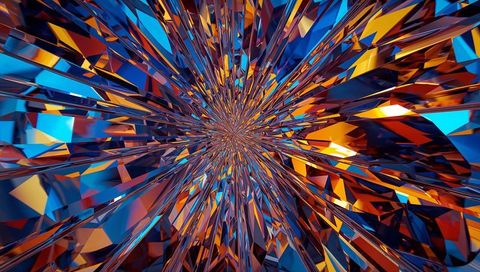 Radiating Crystalline Tunnel Blue Orange Prismatic Shards Abstract 3D Kaleidoscope