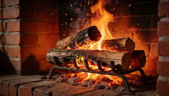 Rustic brick fireplace with glowing logs and crackling flames for cozy hearth glow