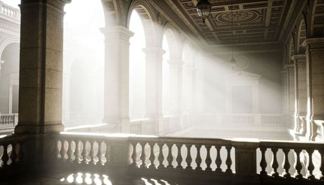 Golden sunlight bathing neoclassical gallery with arched colonnade and carved balustrade
