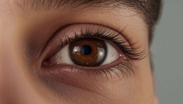 Extreme closeup brown eye showing iris detail, long lashes and skin texture for beauty