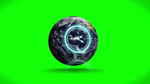 World with Futuristic Clock Interface and Green Background
