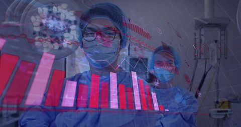 Surgical team analyzing healthcare data dashboards with augmented analytics in OR