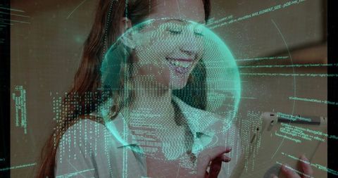 Businesswoman immersed in futuristic digital innovation world