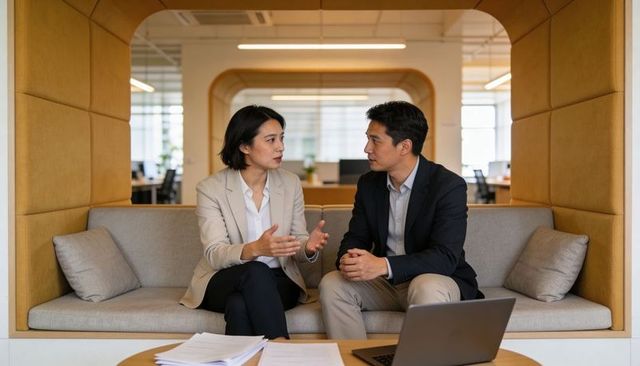 Business colleagues discussing strategy in modern collaborative office booth with laptop
